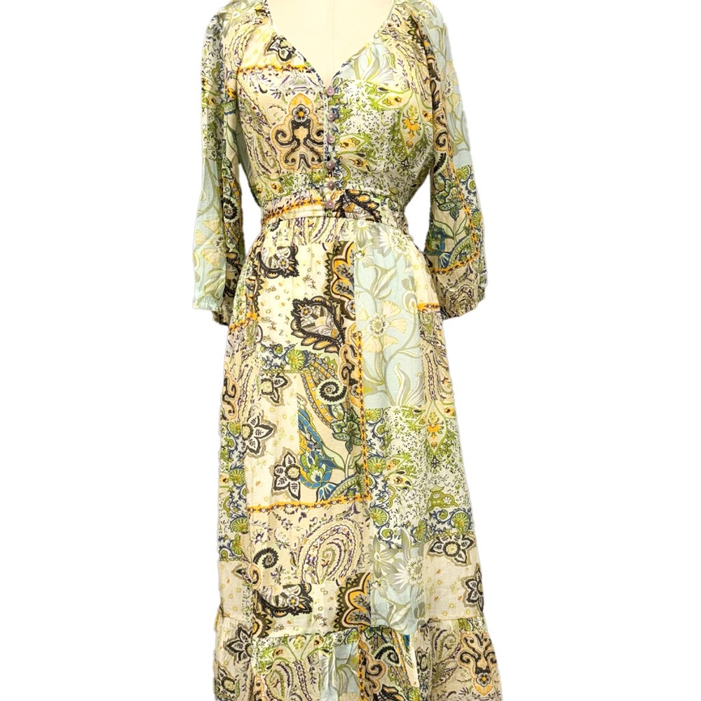 Paparazzi Green and Tan Wrap Sundress with Bishop Sleeves